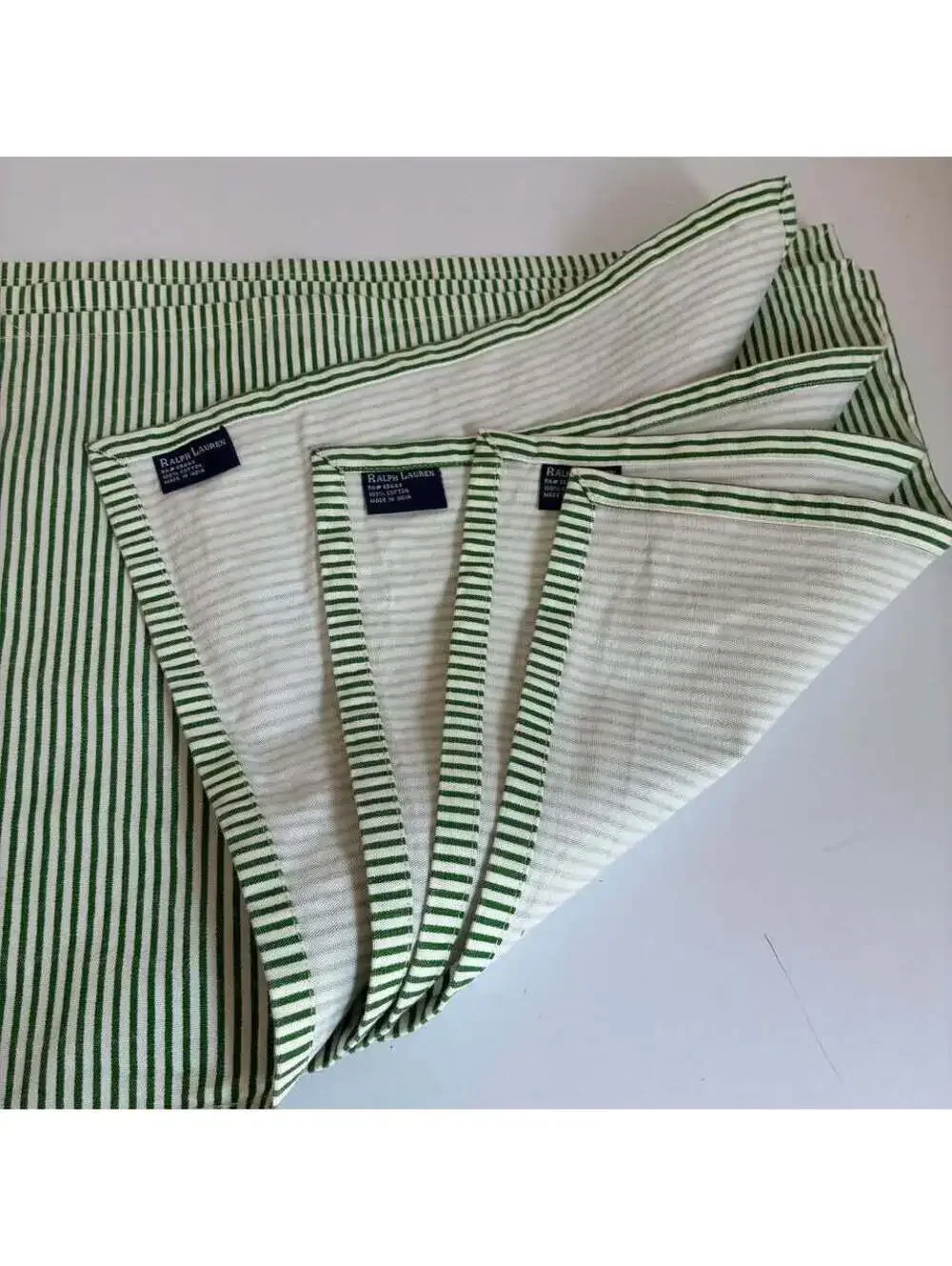 Ralph Lauren Green White Ticking Stripe Placemats Set of 4 Cotton 12x21 NEW